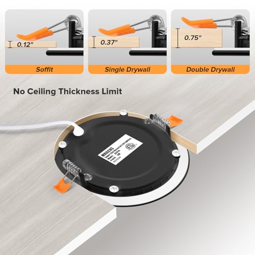 MAILCOS 4 Inch 5CCT Black Ultra-Thin LED Recessed Ceiling Light with Junction Box, 2700K-5000K Selectable, 1050LM High Brightness, 0%-100% Dimmable Canless Wafer Downlight, 12W 120V, ETL（6pack） by MAILCOS - Image 6