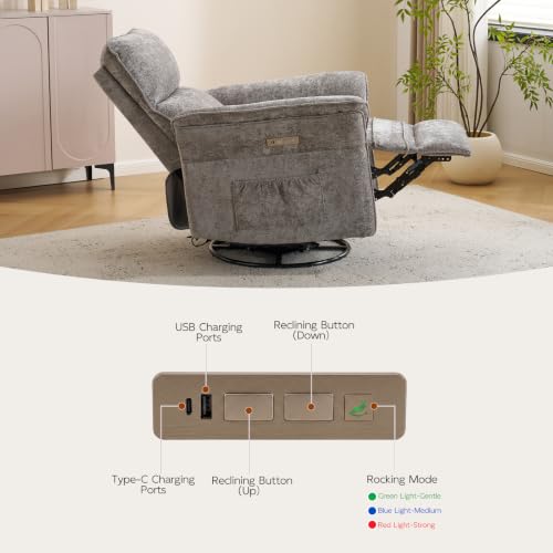 Image of Swivel Rocker Recliner with Auto Rocking,Power Recliner Nursery Chair with Massage and Heat,Glider Recliner Nursery Chair for Living Room,Grey
