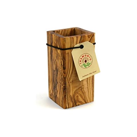 Thirteen Chefs Tramanto Olive Wood Utensil Holder 6 Inch Tall Square Wooden Crock for Kitchen Tools and Cooking Cover