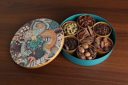 R Ayurveda Copper Metal Magnetic Steel Handcrafted Spice Box Set For Kitchen With Spoon (7 Containers, 40 Ml each) - Masala Box size 8 Inches diameter For Kitchen and Candy organization