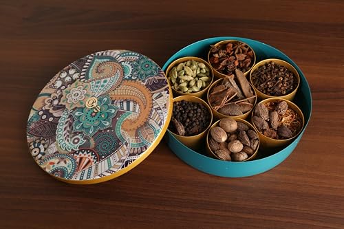 Image of R Ayurveda Copper Metal Magnetic Steel Handcrafted Spice Box Set For Kitchen With Spoon (7 Containers, 40 Ml each) - Masala Box size 8 Inches diameter For Kitchen and Candy organization