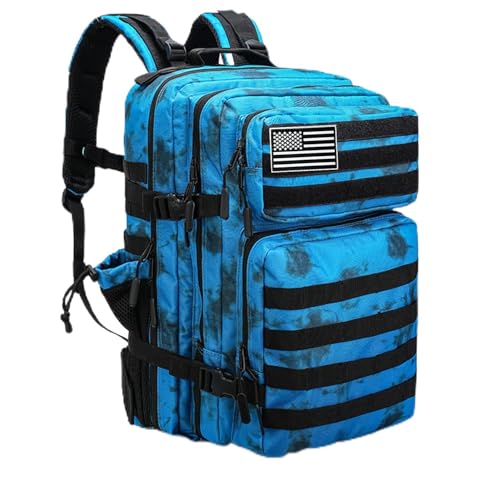 SEYATULLH Tactical Backpack Military Backpack with Bottle Holder Bug Out Bag Assault Pack Rucksack for Men Women Trekking Hiking,Hunting 45L(Deep blue tie dyeing)
