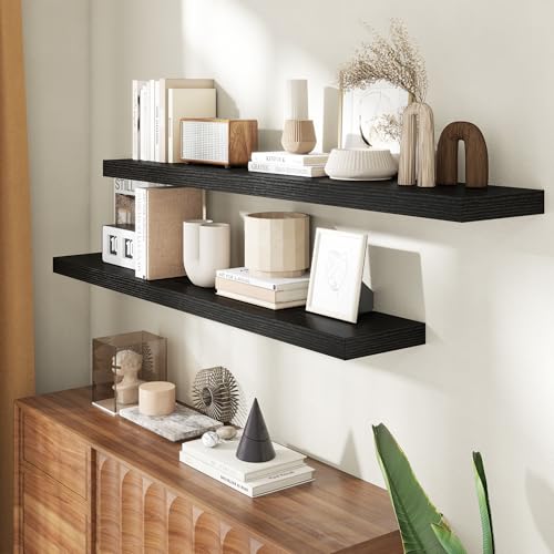 Image of 55 Inch Floating Shelves for Wall, 8 Inch Deep Floating Shelf for Storage & Display, Rustic Wall Mounted Shelf with Invisible Brackets for Living Room, Kitchen, Bathroom, Home Decor, Set of 2, Black