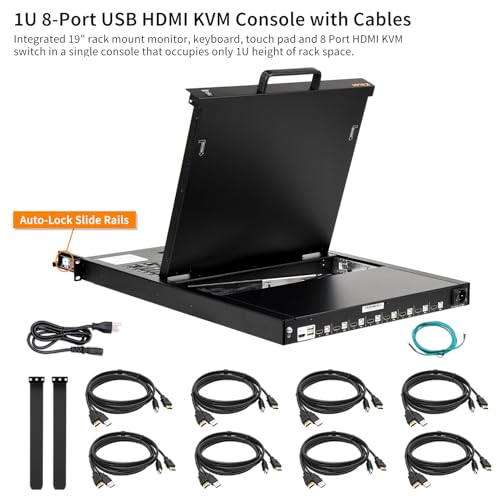 Image of 1U Rack Mount KVM Console Built-in 8 Port HDMI KVM Switch, 19 inch Rackmount Monitor, Keyboard and Touchpad, OSD /Hotkey /Button Switching,1280X1024@60Hz, 5:4 Aspect Ratio, Incl. KVM Cable and Ground Wire