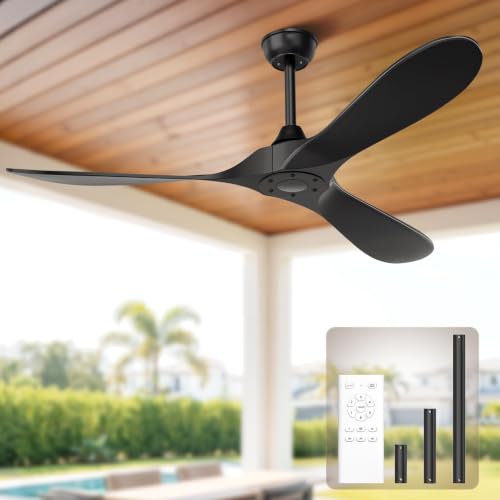 Obabala KASASS Black Ceiling Fan No Light 52 Outdoor Fans for Patios/Porch/Bedroom/Kitchen with Remote Noiseless 3 Downrods 6 Speed Reversible DC Motor Modern 3 Blades Timer