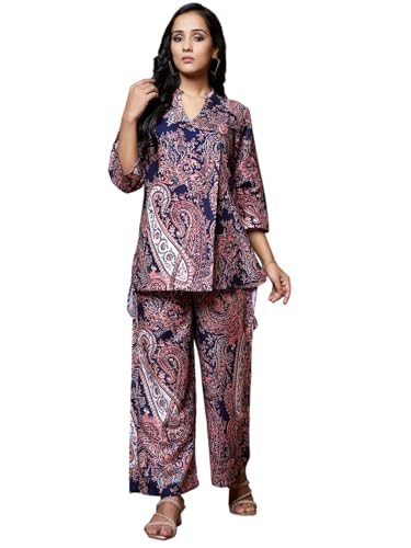 Image of DHRUVI TRENDZ Co Ord Set for Women Stylish | Ethnic Short Kurti for Women | Stylish Summer Printed Kurta Sets for Woman | A-Line Dress for Woman | 3 /4 Sleeve Top with Relaxed Fit Pant