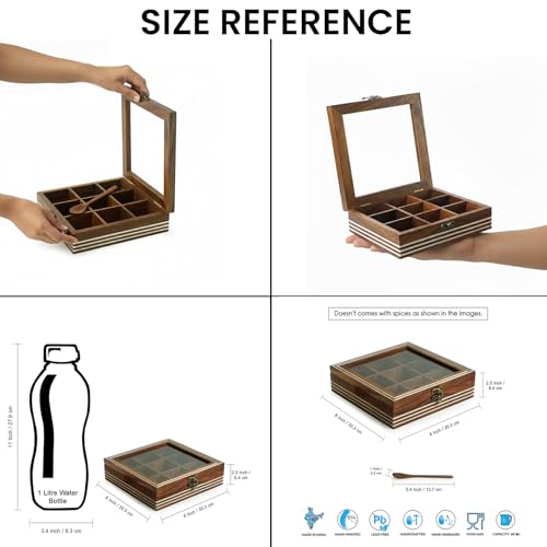 Image of ExclusiveLane Sheesham Wooden Spice Box for Kitchen with Spoon (9 Non-Detachable Compartments, Each Compartments : 80 gram) | Masala Container Spice Box Wooden Namak Dani for Kitchen Masala Box Wooden