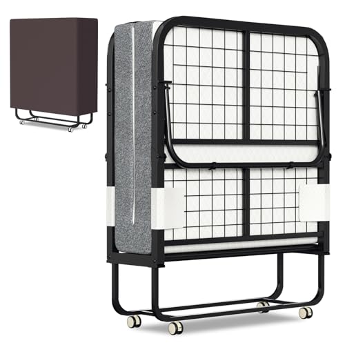 Peviasot Cama plegable de 90 x 200 cm, cama de invitados plegable, cama plegable con colchón de 13 cm de grosor, 4 ruedas con bloqueo, cama para adultos de hasta 200 kg, para salón, habitación de