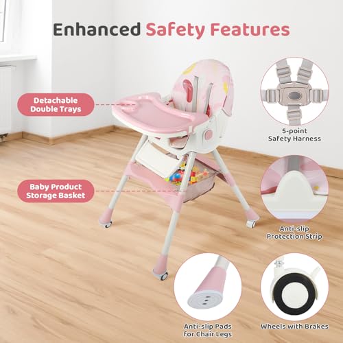 Image of 6 in 1 Baby High Chair Foldable Portable High Chairs for Babies and Toddlers Adjustable Height and Backrest with Footrest and Wheels
