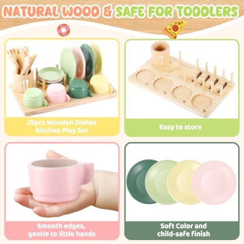 Image of GAGAKU Wooden Play Kitchen Accessories - 25Pcs Montessori Play Dishes Set with Integrated Storage Stand, Bright Color Plates & Bowls, Pretend Cooking Toys for Ages 3-5, Educational Gift for Toddler