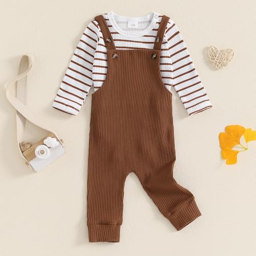 VISGOGO Newborn Baby Boy Clothes 0 3 6 12 18 Month Infant Boy Overalls Outfits Bodysuit Fall/Winter Stripe Romper Pants3