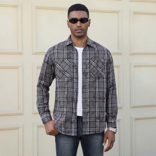 Image of WARHORSEE Flannel Shirt for Men Long Sleeve Button Down Plaid Shirts | Soft Cotton Blend for Multi-season Wear, Lightweight yet Warm, Dual buttoned storage pockets, Machine Washable Easy Care