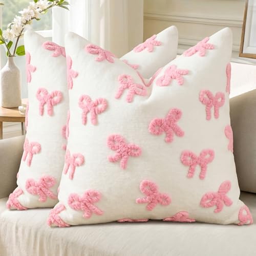 AVOIN colorlife Pink Bow Throw Pillow Covers Set of 2 18 x 18 Inch Holiday Soft Plush Faux Fur Jacquard Cushion Case Decoration for Bedroom Home Sofa Couch
