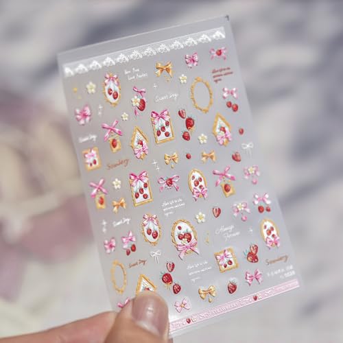 Image of Strawberry & Bow Nail Stickers for Nail Art - Retro Frame Design 5D Embossed Self Adhesive Nails Decals for Women Manicure DIY Decoration Accessories Supply Charms (1 Sheet)