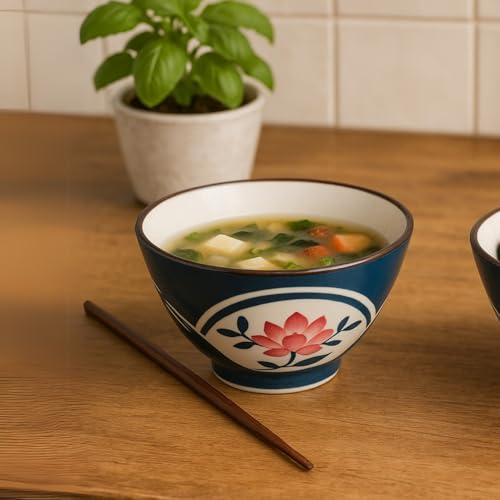 Image of YELONA Japanese Style Ceramic Bowls - 4.8 Inch (300ml), Set of 2 - Floral Design Rice /Noodle Bowls - Microwave & Dishwasher Safe, Ideal for Gifting Choice