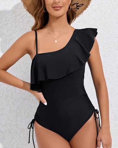 One Piece Swimsuit for Women Ruffled Swimwear One Shoulder Slimming Bathing Suit2