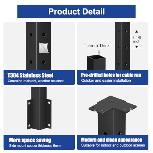 Image of BLIKA 36 inch Side Mount Inside Corner Post, Stainless Steel, 3-Side Drilled Fascia Mount Post for Cable Railing Kit, Black Powder Coated Side Mount Inner Corner Post