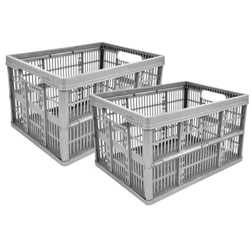 STAR SUPPLIES Pack Of 2 Space Saving Light Grey Flat Folding Fruit Vegetables 32L Strong Plastic Storage Crate Boxes