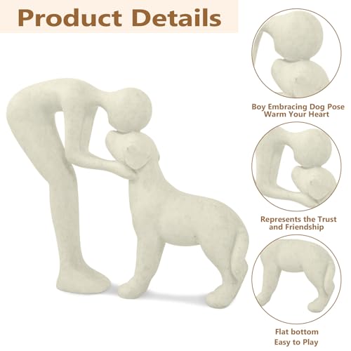 Kityemo Beige Keramik-Skulptur Mann und Hund – Hundestatue als Gedenkgeschenk für Haustiere,Dekoration für Büro, Wohnzimmer, Schlafzimmer, Zuhause, Tierfigur zur Erinnerung