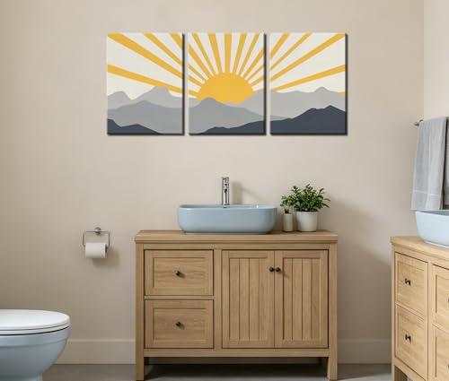 Image of Frimeeme Modern Boho Sun Canvas Wall Art, Set of 3, Framed | Yellow and Gray Mountain Sunrise, 12x16 Inch Each, Ready To Hang