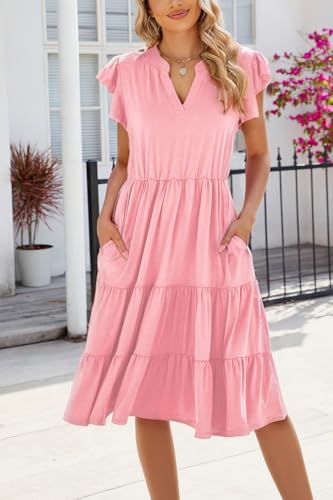 Image of Womens Summer Dress Ruffle Sleeve V Neck Midi Dresses Casual Fit Flowy Tiered Boho Beach Vacation Sundress