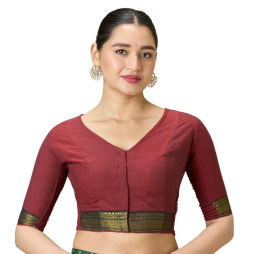 Image of Studio Shringaar Women's Handloom Cotton Stretchable (Smocked) Saree Blouse with Temple Zari Border