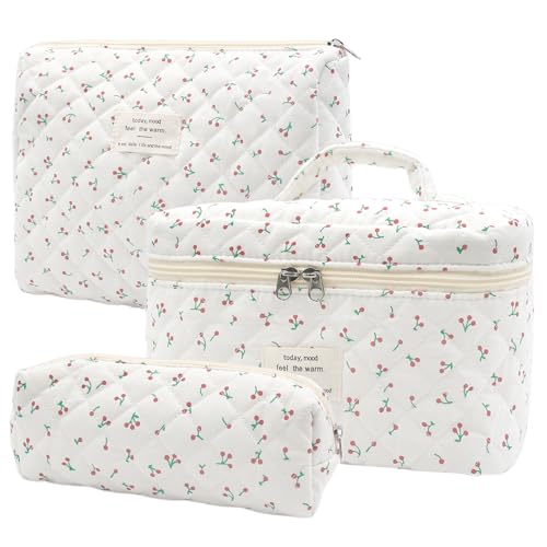 3 Piezas Neceser Maquillaje Grande, Neceser Viaje Mujer de Algodón, Organizador Bolsa de Aseo para Maquillaje Necessaire Viajes Accesorios de Mujer (Pequeña Cereza)