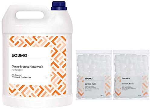 Image of Amazon Brand - Solimo Germ-Protect Handwash Liquid, 5 Litre & Amazon Brand - Solimo Cotton Balls - 100 Units (Pack of 2)