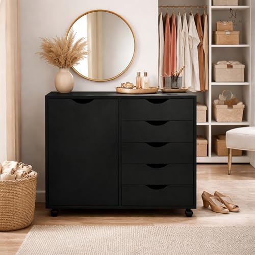Image of Naomi Home Rolling Storage Cabinet with 5 Drawers & Side Cabinet, Engineered Wood Organizer with Shelves, Handle-Free Design & Swivel Casters for Home Office, Kids Room & Entryway - Black