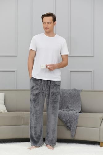 Cromoncent Men's Fuzzy Plush Pajama Pants, Fleece Fluffy Pj Pants for Men, Warm Winter Cozy Lounge Sleepwear Bottoms, XS-4XL