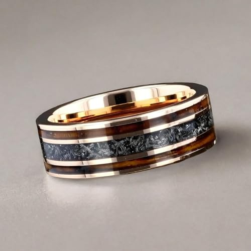 Men's Wedding Ring 8mm Rose Gold Tungsten Charred Whiskey Barrel Wood & Meteorite Inlay – Comfort Fit Mens Wedding Band with Antique Wooden Ring Box4