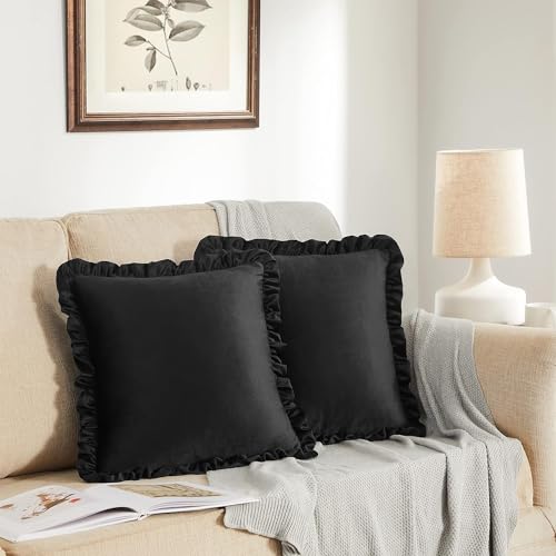 Image of Velvet Black 18x18 Pillow Covers, Set of 2 Decorative Ruffle Cushoin Pillow Covers for Sofa Couch