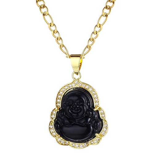 yipima Buddha Pendant Necklace for Women Men 18K Gold Plated Zircon Inlay Multi-color Buddha Head for Protection 3MM Flat Figaro Necklace Chain (chain length:22 black)