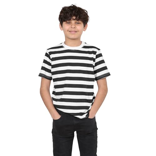 Grunge Wear® Children’s Kids Unisex Striped T-Shirt - Boys Girls Crew Neck Short Sleeve Black White Stripes School Book Week Casual Summer Cotton Tee Top (13 Years)