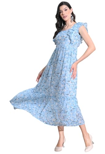 Image of IUGA Georgette Jacquard Butti Square Neck Knee Length Western Dresses for Women