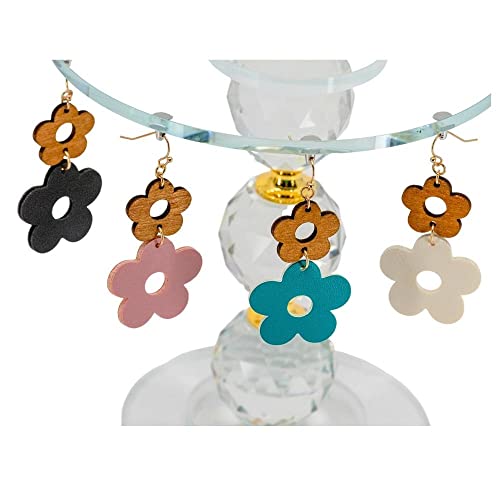 Bello Bee Double Flower Fashion Wood Leather Daisy Dangle Earrings 2’’. (Green) #TOP5