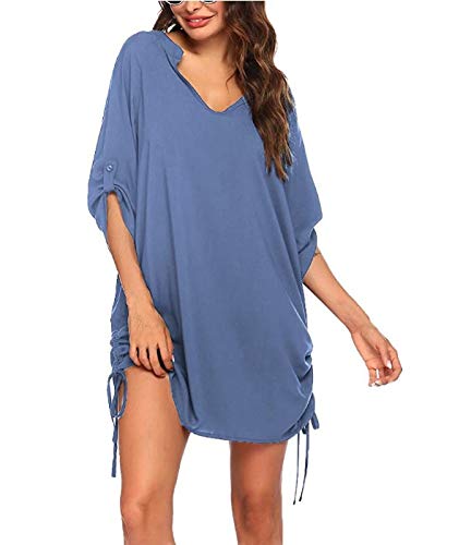 Cache-maillot de plage pour femme avec col en V et imprimé papillon, bleu, L