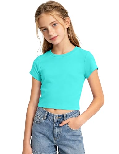 Image of Auranso Girls Crop Tops Kids Short Sleeve T-Shirts Basic Summer Tee Top