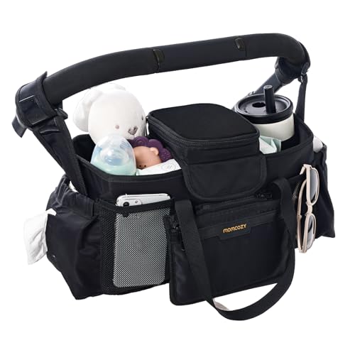 Image of Momcozy Extra Large Stroller Organizer Max | with Food Grade Pacifier Teether Bag | 2 Insulated Cup Holder | Silicone Anti-Slip Straps | 3-Way Usage | Detachable Small Pouch | for UPPAbaby/Doona