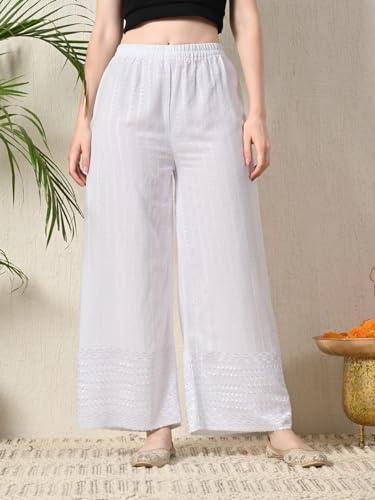 Image of feranoid White Chicken Embroidred Cotton Regular Fit Palazzo