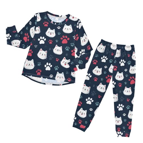 Long Sleeve Pajama Set for Girls Boys,Cats and Paws Pattern Comfy Crewneck Sleepwears,Soft Kid's Homewear Clothes Underwear Sets 8T