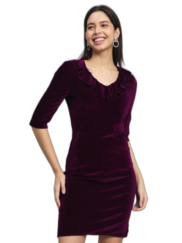 Image of V-Neck Party Dress for Women Bodycon | Shiny Velvet Half Sleeves Above Knee Length Outfit