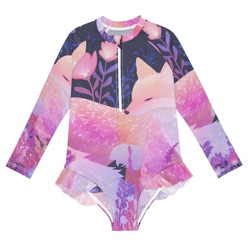 Fox Butterfly Girls Long Sleeve Swimsuit Rash Guard One Piece Bathing Suits Zipper 3-12T