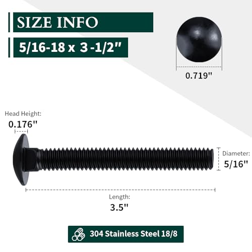 Image of 5 /16-18 x 3-1 /2 inch Black Steel Carriage Bolts, 304 Stainless Steel 18-8, Round Domed Head Square Neck Carriage Bolts Screws, Coarse Thread UNC, 10 PCS
