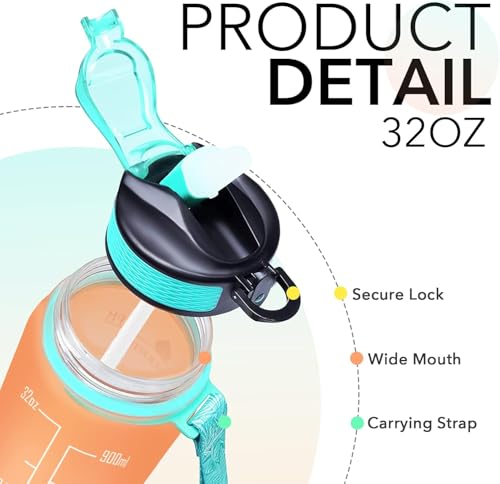 Image of TEKCOOL Motivational 1L Capacity Orange Green Plastic Bottle with Straw | Leakproof, Durable, BPA-Free | Ideal for School /College /Office /Travel, Sports /Outdoor Activities'