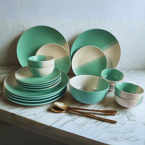 Image of Freakway 19-Piece Ceramic Dinnerware Set | 6 Dinner Plates, 6 Quarter Plates, 6 Bowls & 1 Large Serving Bowl | Dual Mint Green and Beige Color Speckled Design