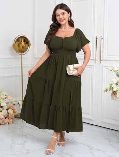 Image of SCOMCHIC Womens Plus Size Maxi Dress Formal Short Sleeve Square Neck Smocked Side Split Flowy A Line Tiered Long Dress