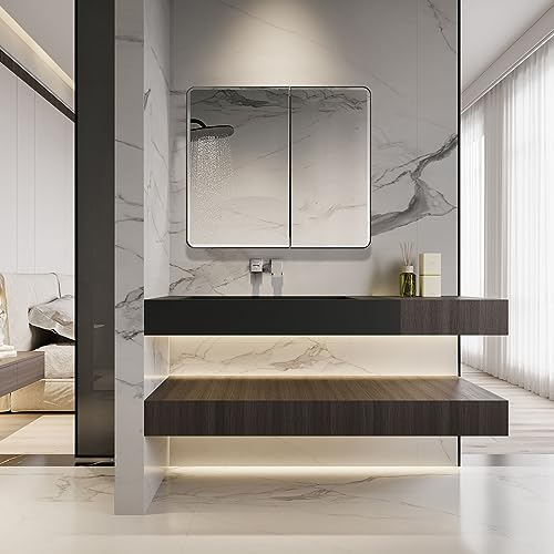 Image of IDYLLOR Black Bathroom Medicine Cabinet with Round Corner Framed Door and Beveled Edge Mirror 22 x 20 inch, Recessed or Surface Mount, with Adjustable Glass Shelves