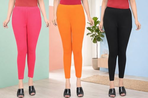 Image of Women Ankle Length Leggings Combo Multicolour Stretchable Cotton Yoga Gym Workout Pants Lyra Jeggings Casual Slim Fit