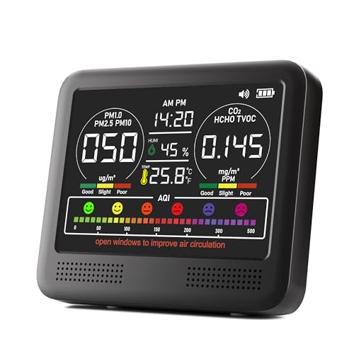 Image of 16-in-1 Indoor Air Quality Monitor with PM1.0,PM2.5,PM10,CO2,HCHO,TVOC,Temperature,Humidity,Time Display &7 AQI Alarms - Professional Air Quality Tester for Home, Office & Indoor Use (Shinning Black)